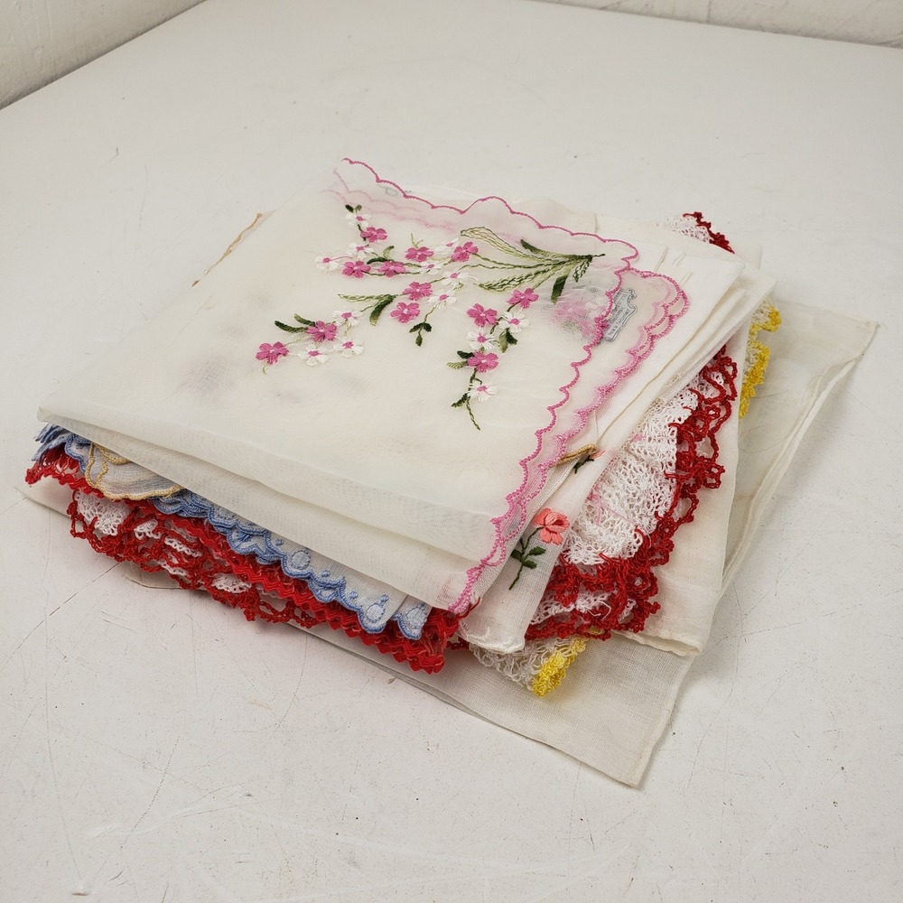 Vintage Handkerchief Lot 45 Floral Embroidered Lace Trim Cotton Linen Mixed